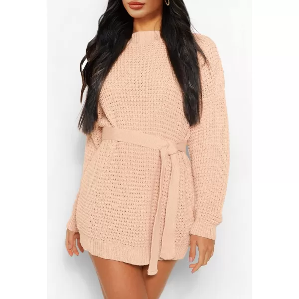 imageZESICA Womens 2023 Fall Long Sleeve Solid Color Waffle Knitted Tie Wasit Tunic Pullover Sweater DressPink
