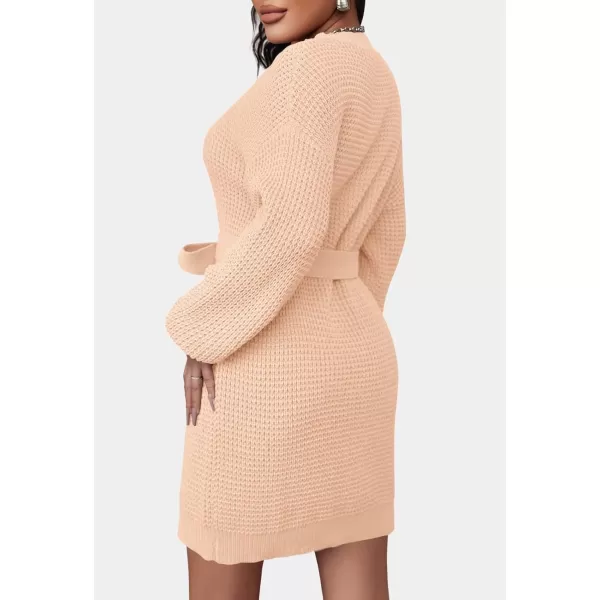 imageZESICA Womens 2023 Fall Long Sleeve Solid Color Waffle Knitted Tie Wasit Tunic Pullover Sweater DressPink