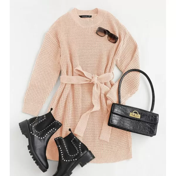 imageZESICA Womens 2023 Fall Long Sleeve Solid Color Waffle Knitted Tie Wasit Tunic Pullover Sweater DressPink
