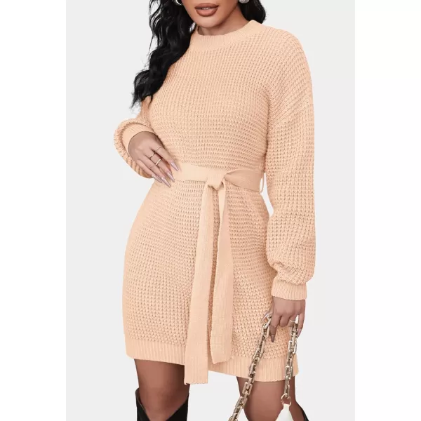 imageZESICA Womens 2023 Fall Long Sleeve Solid Color Waffle Knitted Tie Wasit Tunic Pullover Sweater DressPink
