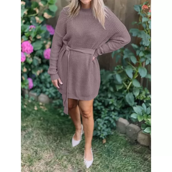 imageZESICA Womens 2023 Fall Long Sleeve Solid Color Waffle Knitted Tie Wasit Tunic Pullover Sweater DressPurple