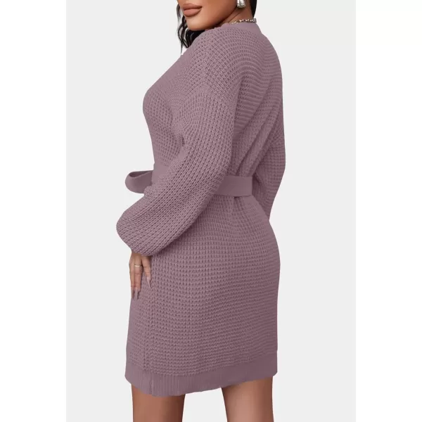 imageZESICA Womens 2023 Fall Long Sleeve Solid Color Waffle Knitted Tie Wasit Tunic Pullover Sweater DressPurple
