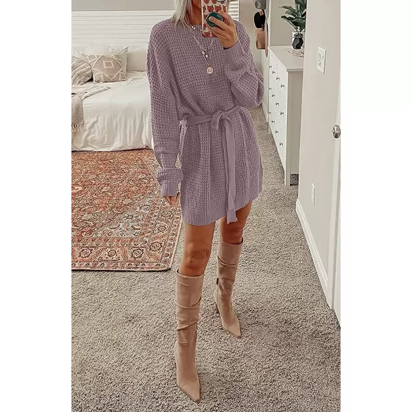 imageZESICA Womens 2023 Fall Long Sleeve Solid Color Waffle Knitted Tie Wasit Tunic Pullover Sweater DressPurple