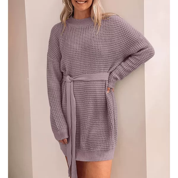 imageZESICA Womens 2023 Fall Long Sleeve Solid Color Waffle Knitted Tie Wasit Tunic Pullover Sweater DressPurple