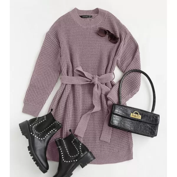 imageZESICA Womens 2023 Fall Long Sleeve Solid Color Waffle Knitted Tie Wasit Tunic Pullover Sweater DressPurple