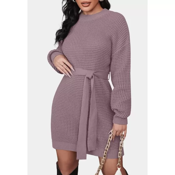 imageZESICA Womens 2023 Fall Long Sleeve Solid Color Waffle Knitted Tie Wasit Tunic Pullover Sweater DressPurple