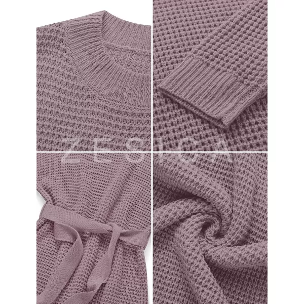 imageZESICA Womens 2023 Fall Long Sleeve Solid Color Waffle Knitted Tie Wasit Tunic Pullover Sweater DressPurple