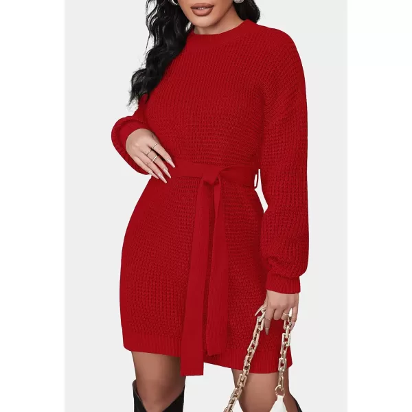 imageZESICA Womens 2023 Fall Long Sleeve Solid Color Waffle Knitted Tie Wasit Tunic Pullover Sweater DressRed