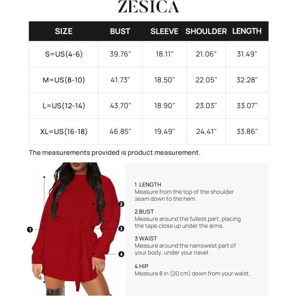 imageZESICA Womens 2023 Fall Long Sleeve Solid Color Waffle Knitted Tie Wasit Tunic Pullover Sweater DressRed
