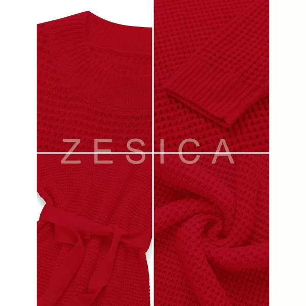 imageZESICA Womens 2023 Fall Long Sleeve Solid Color Waffle Knitted Tie Wasit Tunic Pullover Sweater DressRed