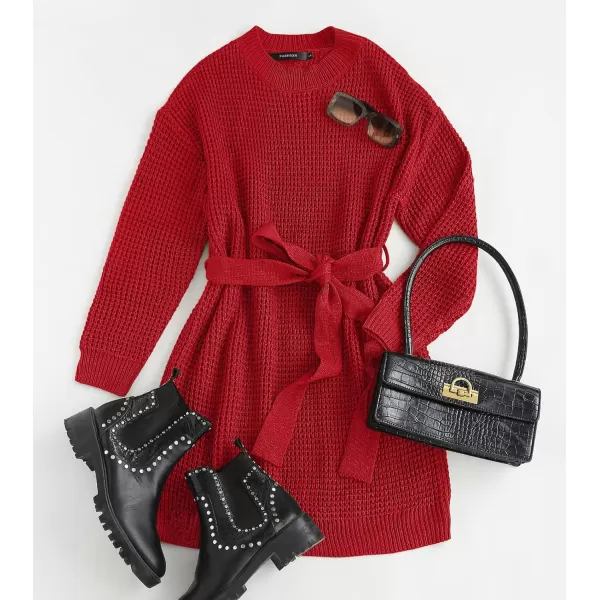 imageZESICA Womens 2023 Fall Long Sleeve Solid Color Waffle Knitted Tie Wasit Tunic Pullover Sweater DressRed