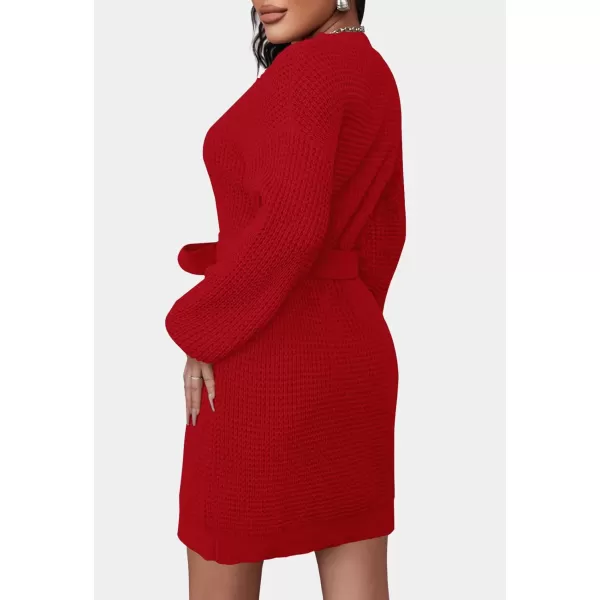 imageZESICA Womens 2023 Fall Long Sleeve Solid Color Waffle Knitted Tie Wasit Tunic Pullover Sweater DressRed