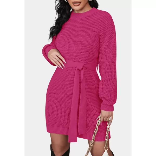 imageZESICA Womens 2023 Fall Long Sleeve Solid Color Waffle Knitted Tie Wasit Tunic Pullover Sweater DressRose