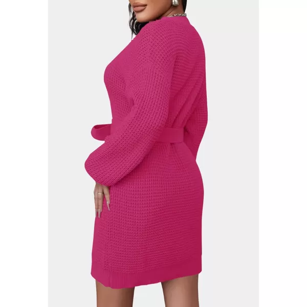 imageZESICA Womens 2023 Fall Long Sleeve Solid Color Waffle Knitted Tie Wasit Tunic Pullover Sweater DressRose