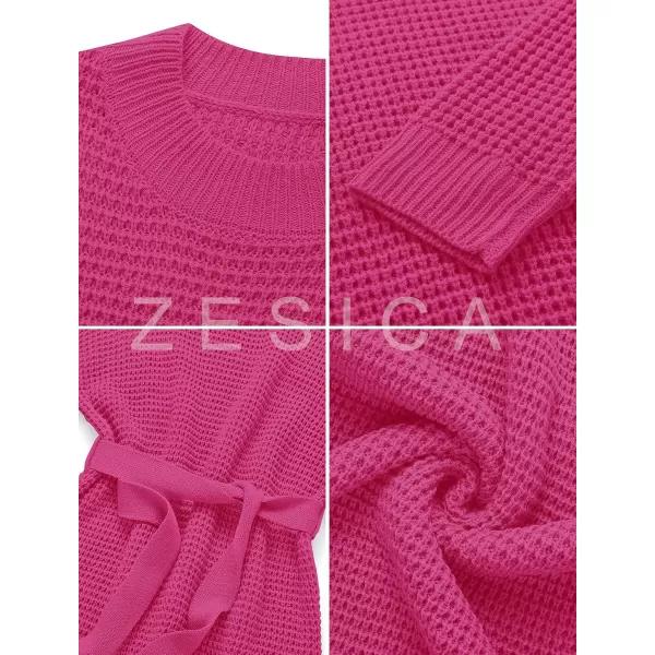 imageZESICA Womens 2023 Fall Long Sleeve Solid Color Waffle Knitted Tie Wasit Tunic Pullover Sweater DressRose