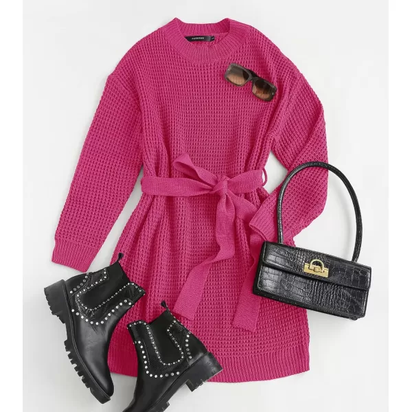 imageZESICA Womens 2023 Fall Long Sleeve Solid Color Waffle Knitted Tie Wasit Tunic Pullover Sweater DressRose
