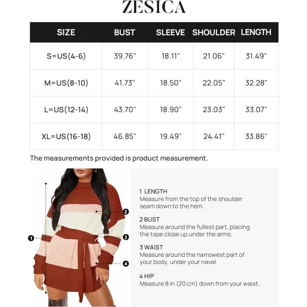 imageZESICA Womens 2023 Fall Long Sleeve Solid Color Waffle Knitted Tie Wasit Tunic Pullover Sweater DressRust