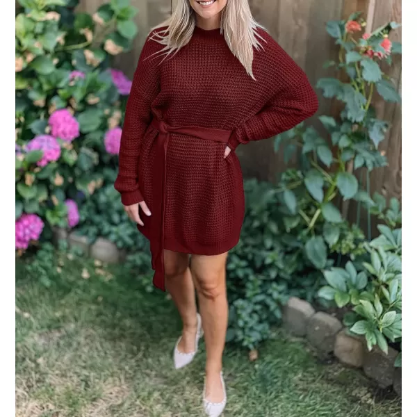 imageZESICA Womens 2023 Fall Long Sleeve Solid Color Waffle Knitted Tie Wasit Tunic Pullover Sweater DressWine