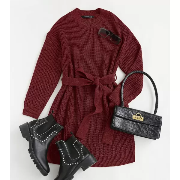imageZESICA Womens 2023 Fall Long Sleeve Solid Color Waffle Knitted Tie Wasit Tunic Pullover Sweater DressWine