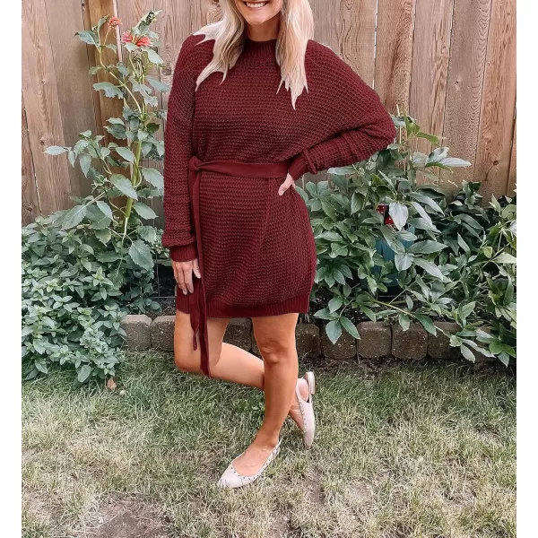 imageZESICA Womens 2023 Fall Long Sleeve Solid Color Waffle Knitted Tie Wasit Tunic Pullover Sweater DressWine