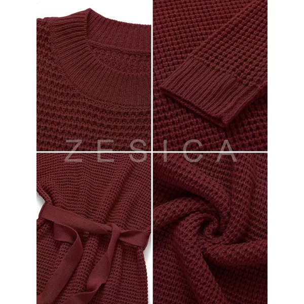 imageZESICA Womens 2023 Fall Long Sleeve Solid Color Waffle Knitted Tie Wasit Tunic Pullover Sweater DressWine
