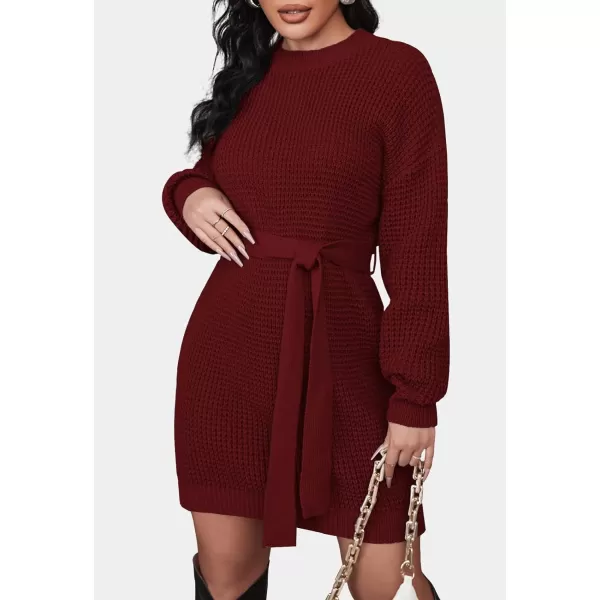 imageZESICA Womens 2023 Fall Long Sleeve Solid Color Waffle Knitted Tie Wasit Tunic Pullover Sweater DressWine