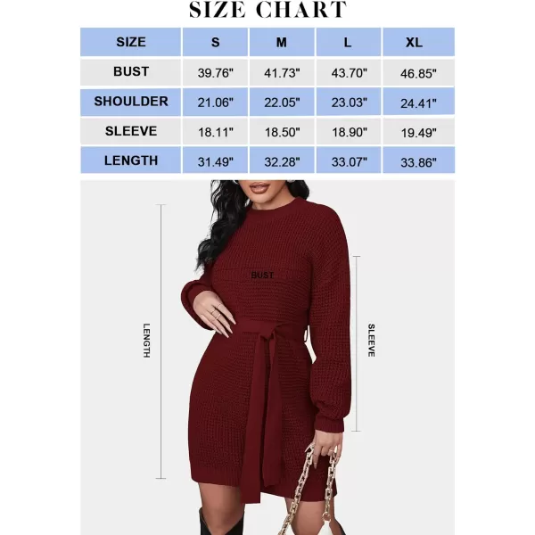 imageZESICA Womens 2023 Fall Long Sleeve Solid Color Waffle Knitted Tie Wasit Tunic Pullover Sweater DressWine