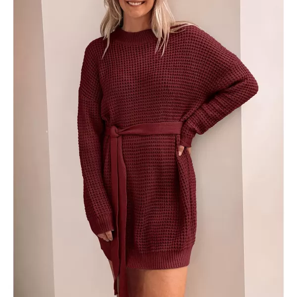 imageZESICA Womens 2023 Fall Long Sleeve Solid Color Waffle Knitted Tie Wasit Tunic Pullover Sweater DressWine