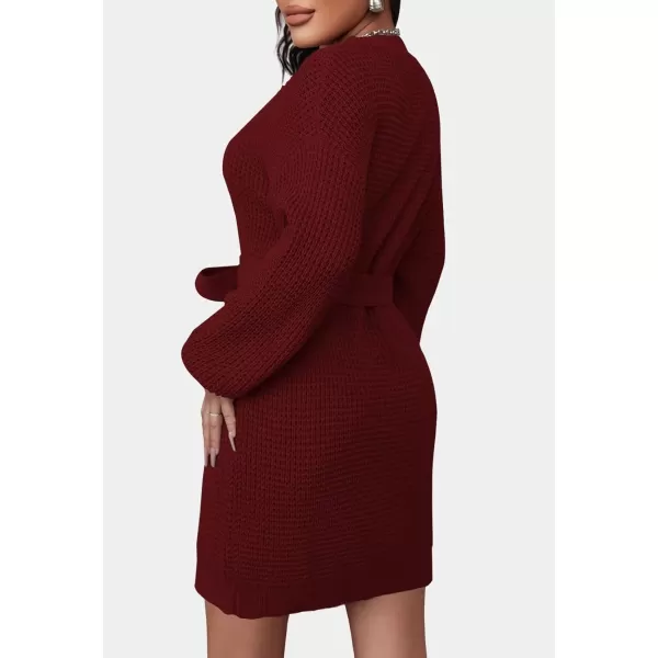 imageZESICA Womens 2023 Fall Long Sleeve Solid Color Waffle Knitted Tie Wasit Tunic Pullover Sweater DressWine