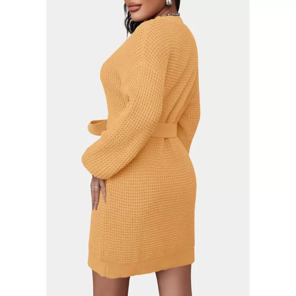 imageZESICA Womens 2023 Fall Long Sleeve Solid Color Waffle Knitted Tie Wasit Tunic Pullover Sweater DressYellow