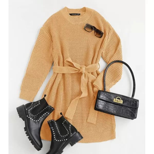 imageZESICA Womens 2023 Fall Long Sleeve Solid Color Waffle Knitted Tie Wasit Tunic Pullover Sweater DressYellow