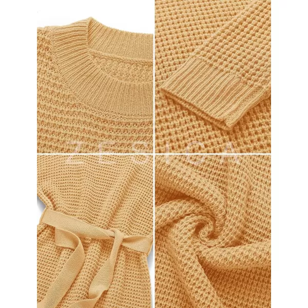 imageZESICA Womens 2023 Fall Long Sleeve Solid Color Waffle Knitted Tie Wasit Tunic Pullover Sweater DressYellow