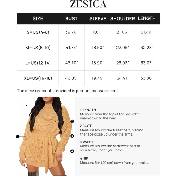 imageZESICA Womens 2023 Fall Long Sleeve Solid Color Waffle Knitted Tie Wasit Tunic Pullover Sweater DressYellow