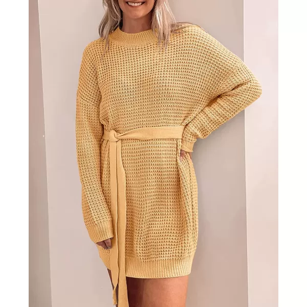 imageZESICA Womens 2023 Fall Long Sleeve Solid Color Waffle Knitted Tie Wasit Tunic Pullover Sweater DressYellow