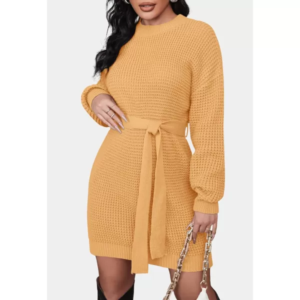 imageZESICA Womens 2023 Fall Long Sleeve Solid Color Waffle Knitted Tie Wasit Tunic Pullover Sweater DressYellow