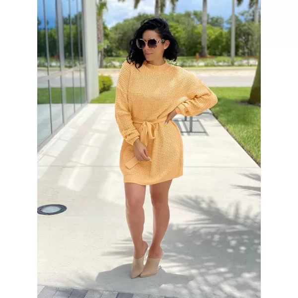 imageZESICA Womens 2023 Fall Long Sleeve Solid Color Waffle Knitted Tie Wasit Tunic Pullover Sweater DressYellow