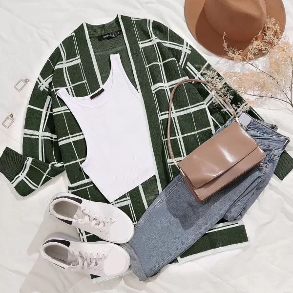 imageZESICA Womens 2023 Fall Long Sleeve Striped Color Block Open Front Draped Loose Knit Lightweight Cardigan Sweater CoatArmygreen