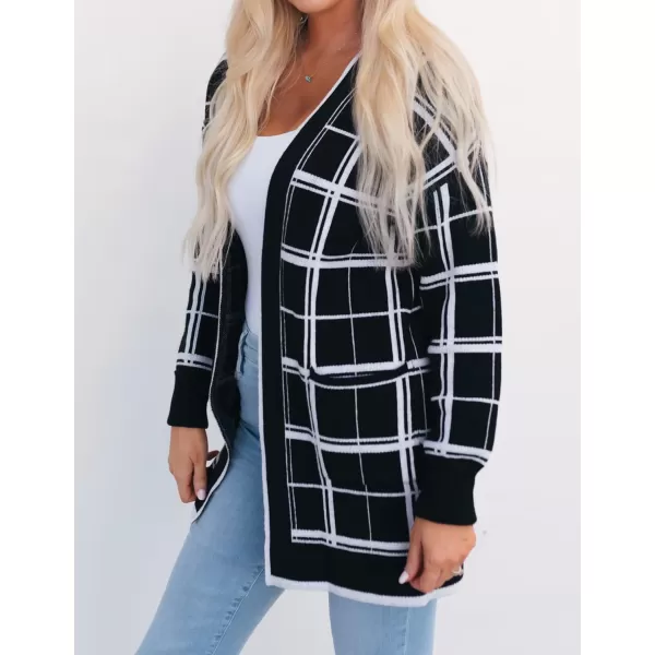 imageZESICA Womens 2023 Fall Long Sleeve Striped Color Block Open Front Draped Loose Knit Lightweight Cardigan Sweater CoatBlackwhite