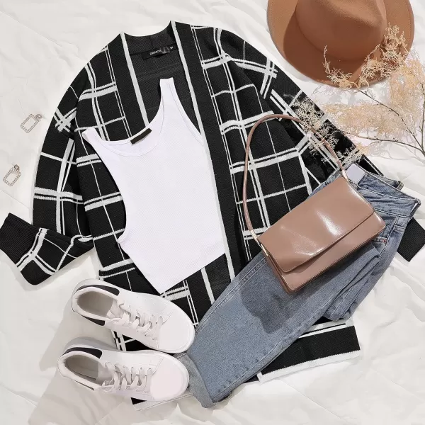 imageZESICA Womens 2023 Fall Long Sleeve Striped Color Block Open Front Draped Loose Knit Lightweight Cardigan Sweater CoatBlackwhite