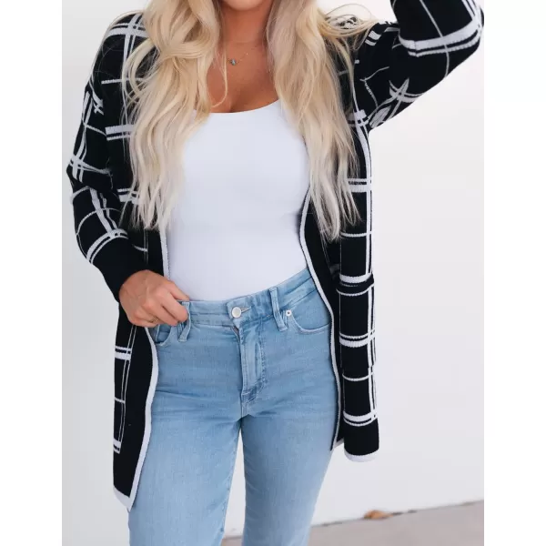 imageZESICA Womens 2023 Fall Long Sleeve Striped Color Block Open Front Draped Loose Knit Lightweight Cardigan Sweater CoatBlackwhite
