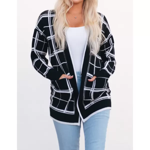 imageZESICA Womens 2023 Fall Long Sleeve Striped Color Block Open Front Draped Loose Knit Lightweight Cardigan Sweater CoatBlackwhite
