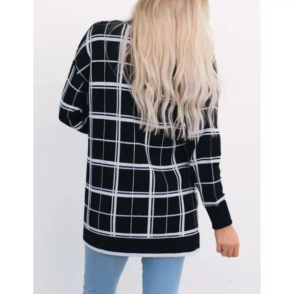 imageZESICA Womens 2023 Fall Long Sleeve Striped Color Block Open Front Draped Loose Knit Lightweight Cardigan Sweater CoatBlackwhite