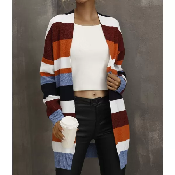 imageZESICA Womens 2023 Fall Long Sleeve Striped Color Block Open Front Draped Loose Knit Lightweight Cardigan Sweater CoatBright Striped
