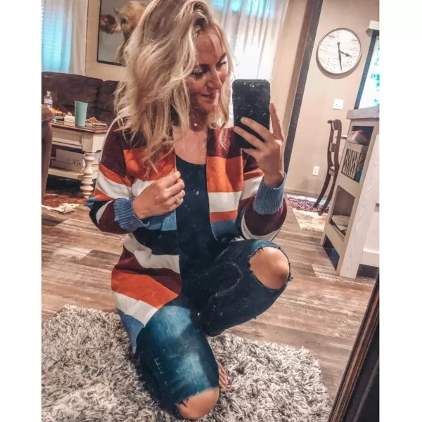imageZESICA Womens 2023 Fall Long Sleeve Striped Color Block Open Front Draped Loose Knit Lightweight Cardigan Sweater CoatBright Striped