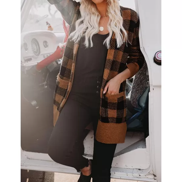 imageZESICA Womens 2023 Fall Long Sleeve Striped Color Block Open Front Draped Loose Knit Lightweight Cardigan Sweater CoatCaramel