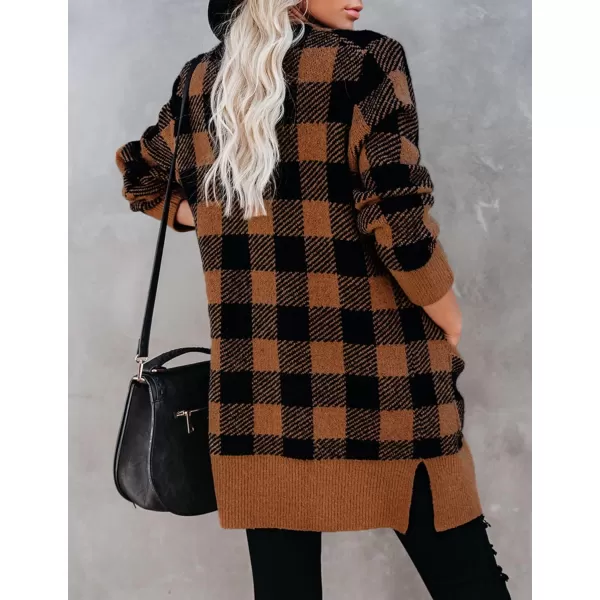 imageZESICA Womens 2023 Fall Long Sleeve Striped Color Block Open Front Draped Loose Knit Lightweight Cardigan Sweater CoatCaramel