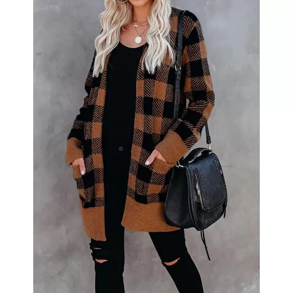 imageZESICA Womens 2023 Fall Long Sleeve Striped Color Block Open Front Draped Loose Knit Lightweight Cardigan Sweater CoatCaramel