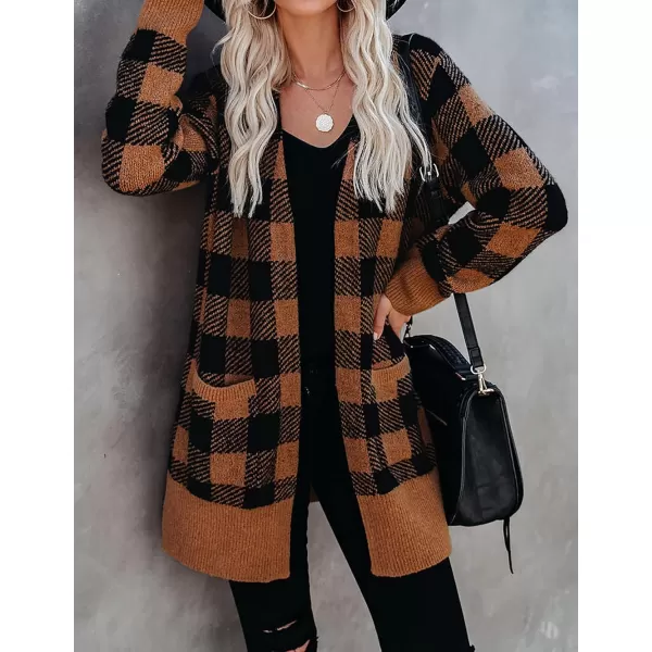 imageZESICA Womens 2023 Fall Long Sleeve Striped Color Block Open Front Draped Loose Knit Lightweight Cardigan Sweater CoatCaramel