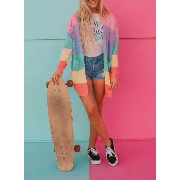 imageZESICA Womens 2023 Fall Long Sleeve Striped Color Block Open Front Draped Loose Knit Lightweight Cardigan Sweater CoatColorful