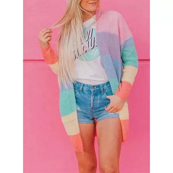 imageZESICA Womens 2023 Fall Long Sleeve Striped Color Block Open Front Draped Loose Knit Lightweight Cardigan Sweater CoatColorful